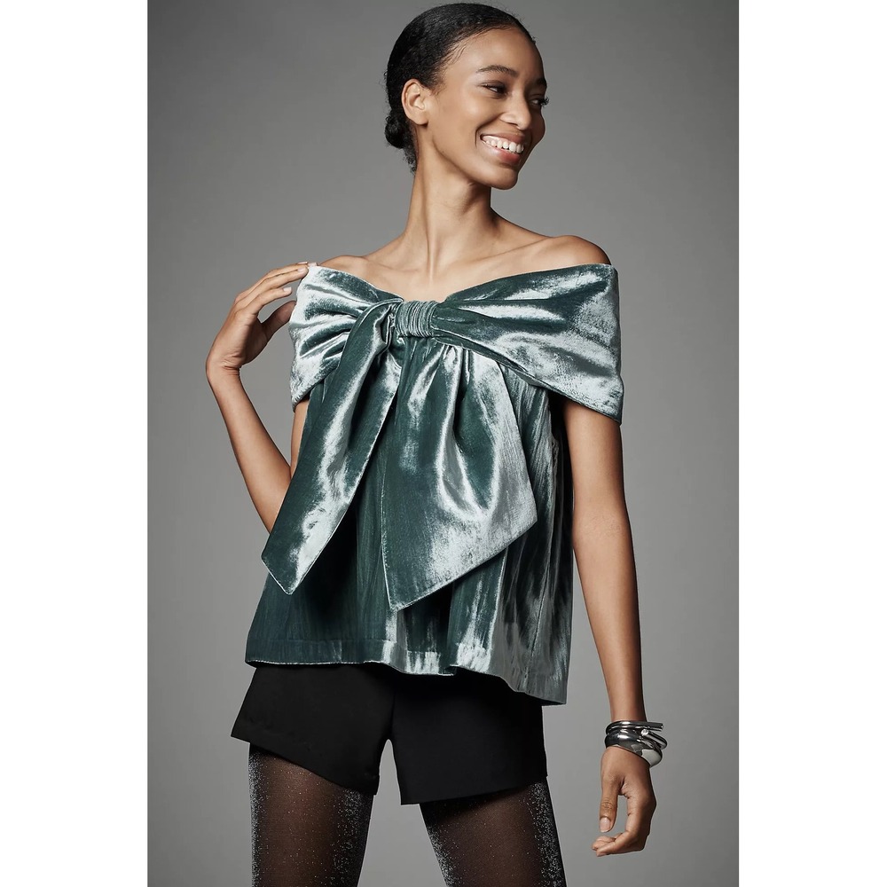 Mare Mare Off Shoulder Top Womens Small Turquoise NWT Velvet Bow Holiday Blouse